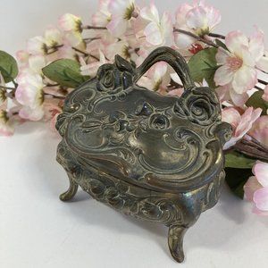 Vintage Rose Design Relief Brass Metal Hinge Lid Box Vanity Collectibles